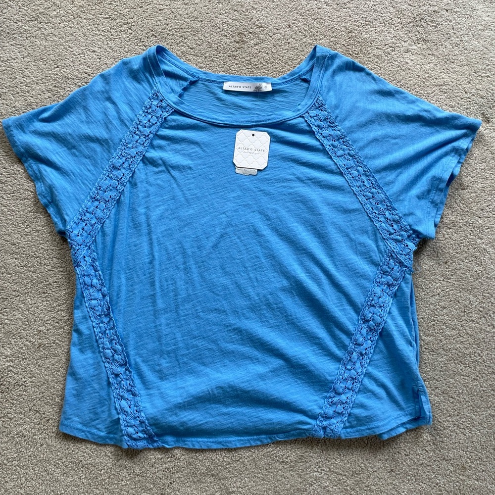 ALTAR’D STATE CROCHET LACE DETAIL NAUTICAL BLUE TOP